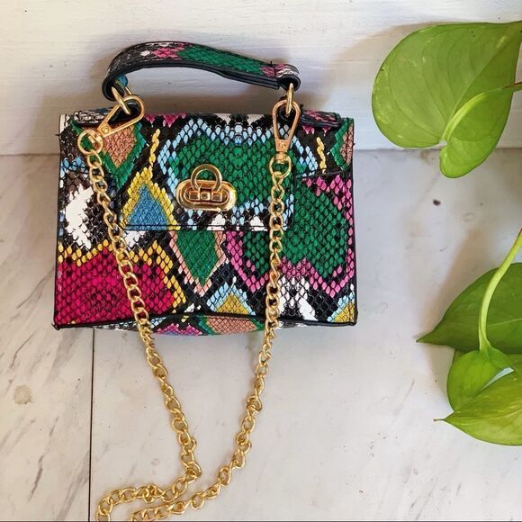 Colorful Snakeskin Top Handle Bag | Multicolor Mini Satchel Purse - Picture 6 of 8